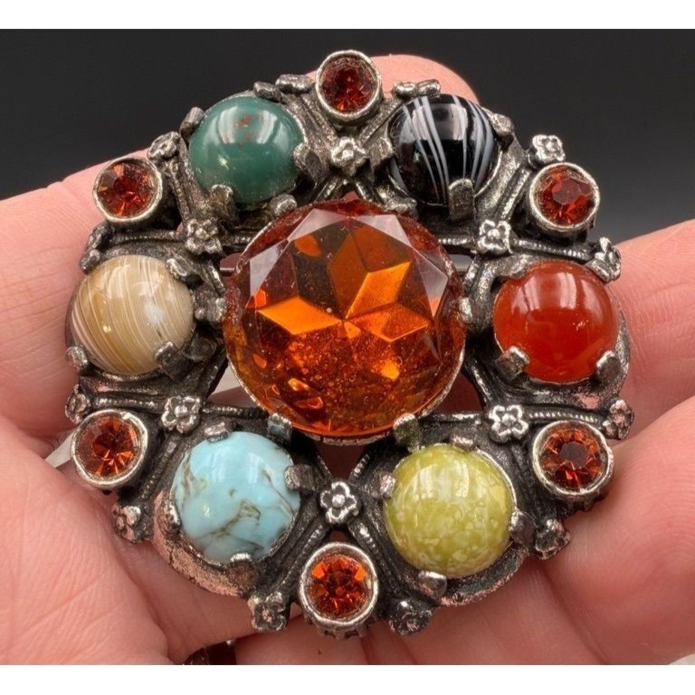 Vintage Miracle Scottish Celtic Brooch Orange Glass Cabochons Rhinestones 1 7/8"